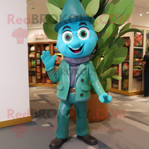 Teal Beanstalk mascot costume character dressed with a Leather Jacket and Gloves