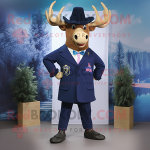 Navy Elk mascot costume character dressed with a Blazer and Hat pins