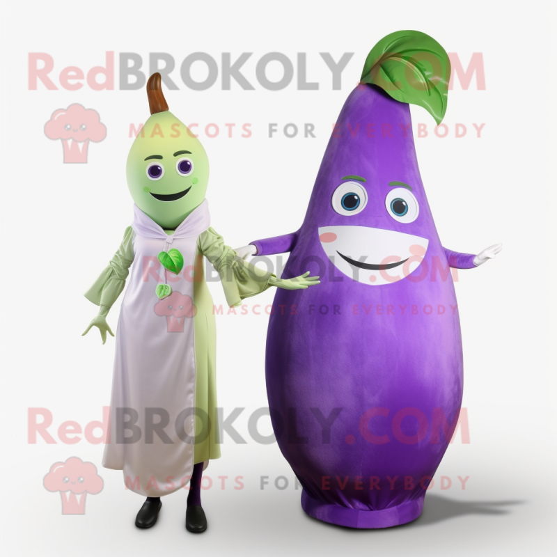 Lavender Pear mascot costume character dressed with a Sheath Dress and Wraps