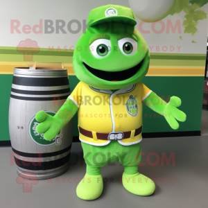 Lime Green Green Beer mascot costume character dressed with a Baseball Tee and Belts