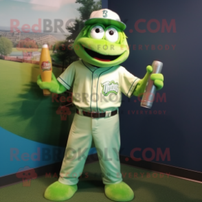 Lime Green Green Beer mascot costume character dressed with a Baseball Tee and Belts