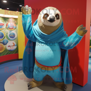 Turquoise Sloth mascot costume character dressed with a Flare Jeans and Shawls