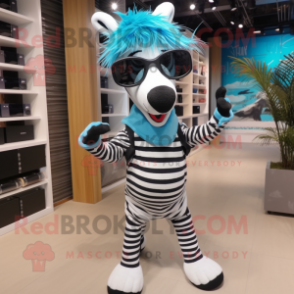 Cyan Zebra mascot costume character dressed with a Jeans and Sunglasses