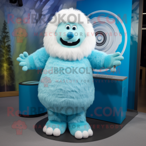 Sky Blue Yeti mascot costume character dressed with a A-Line Dress and Cummerbunds