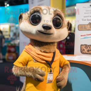 Tan Meerkat mascot costume character dressed with a T-Shirt and Keychains