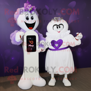 Purple Heart mascot costume character dressed with a Wedding Dress and Digital watches