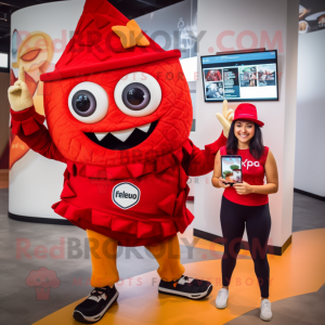 Red Nachos mascot costume character dressed with a Leggings and Smartwatches