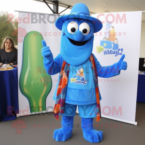 Blue Jambalaya mascot costume character dressed with a Cardigan and Belts
