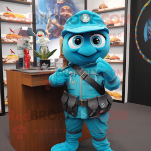 Turquoise Marine Recon mascot costume character dressed with a Waistcoat and Watches