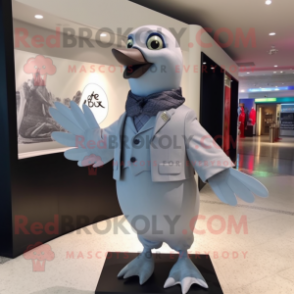 Gray Dove mascot costume character dressed with a Suit and Scarves