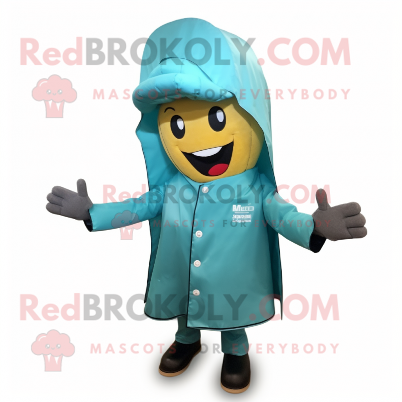 Teal Bbq Ribs mascot costume character dressed with a Raincoat and Hair clips