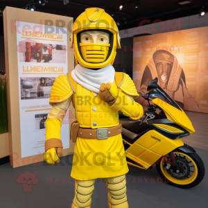 Lemon Yellow Roman Soldier mascot costume character dressed with a Moto Jacket and Hats