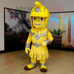 Lemon Yellow Roman Soldier mascot costume character dressed with a Moto Jacket and Hats