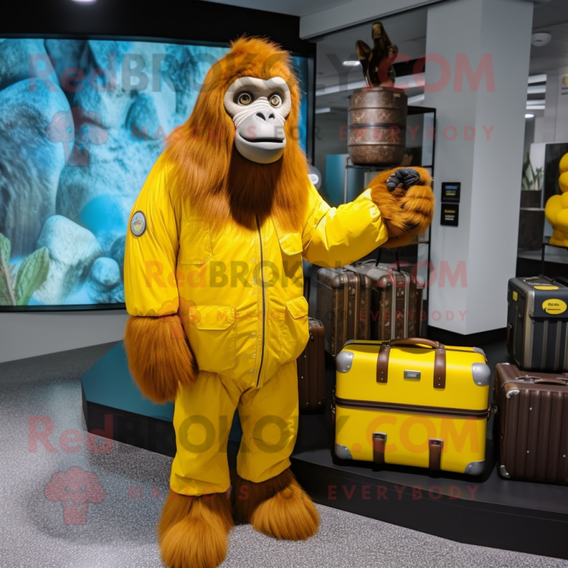 Yellow Orangutan mascot costume character dressed with a Raincoat and Briefcases