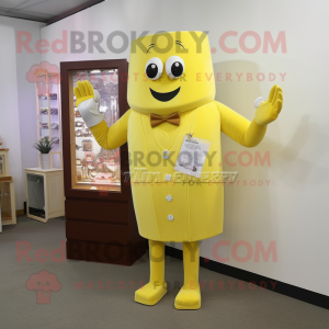 Lemon Yellow Chocolate Bars mascot costume character dressed with a Sheath Dress and Watches