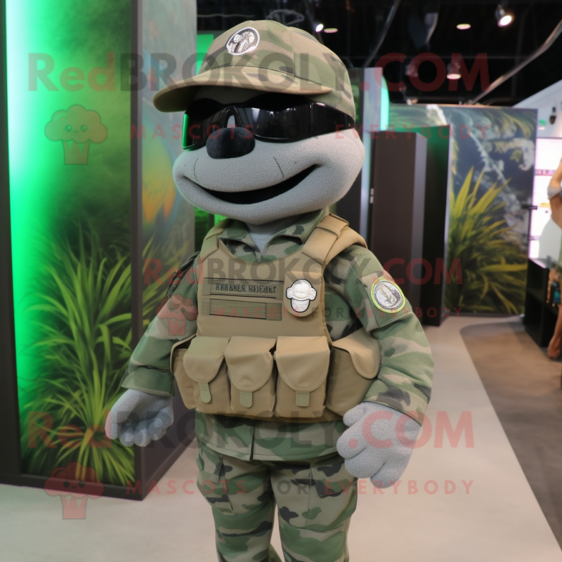 Gray Green Beret mascot costume character dressed with a Graphic Tee and Backpacks