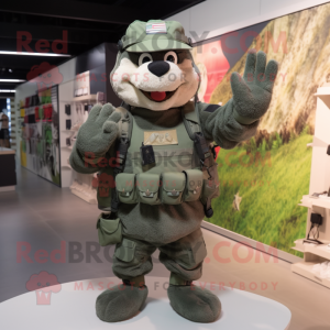 Gray Green Beret mascot costume character dressed with a Graphic Tee and Backpacks