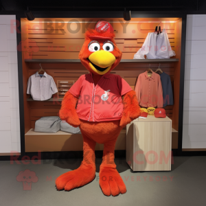Red Butter Chicken mascot costume character dressed with a Henley Shirt and Wallets