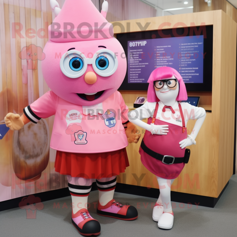Pink Chief mascot costume character dressed with a Skirt and Smartwatches