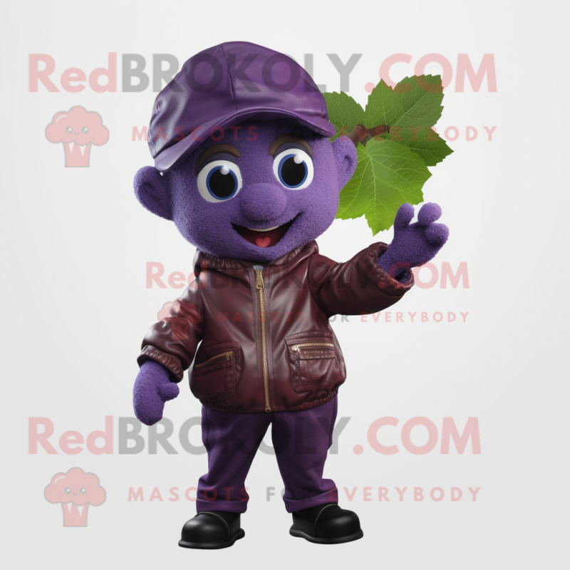 Lavender Grape mascot costume character dressed with a Leather Jacket and Beanies