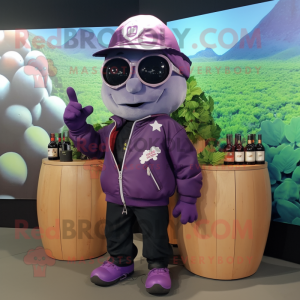 Lavender Grape mascot costume character dressed with a Leather Jacket and Beanies