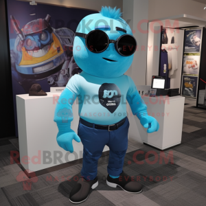 Cyan Cyclops mascot costume character dressed with a T-Shirt and Pocket squares