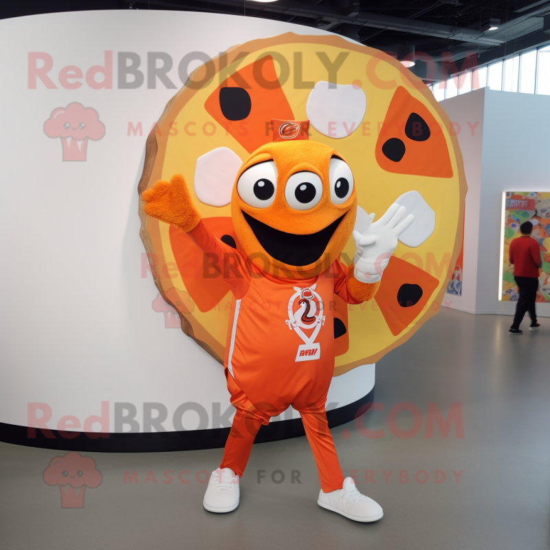 Orange Pizza Slice mascot costume character dressed with a Windbreaker and Rings