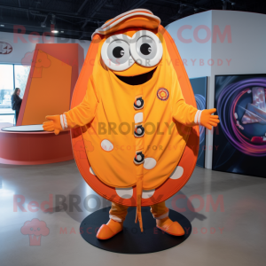 Orange Pizza Slice mascot costume character dressed with a Windbreaker and Rings