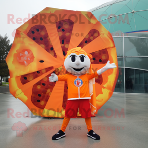 Orange Pizza Slice mascot costume character dressed with a Windbreaker and Rings