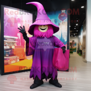 Magenta Witch mascot costume character dressed with a Long Sleeve Tee and Tote bags