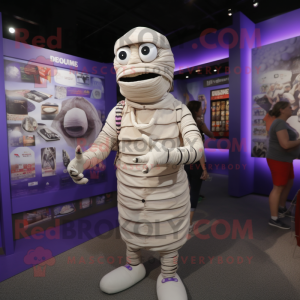 Lavender Mummy mascot costume character dressed with a T-Shirt and Lapel pins