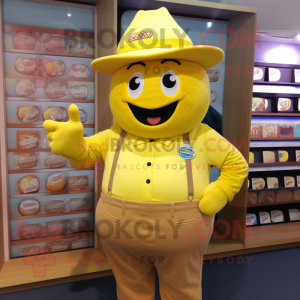 Yellow Chocolates mascot costume character dressed with a Oxford Shirt and Caps