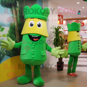 Green French Fries mascot costume character dressed with a Blouse and Hats