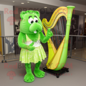 Lime Green Celtic Harp mascot costume character dressed with a Shorts and Shoe laces