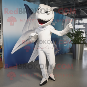 White Swordfish mascot costume character dressed with a Skinny Jeans and Foot pads