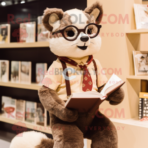 Cream Marten mascot costume character dressed with a Corduroy Pants and Reading glasses