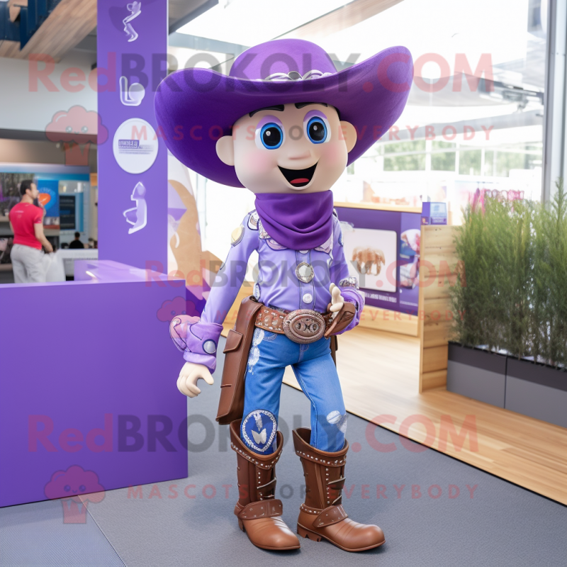 Lavender Cowboy mascot costume character dressed with a Mini Dress and Belts