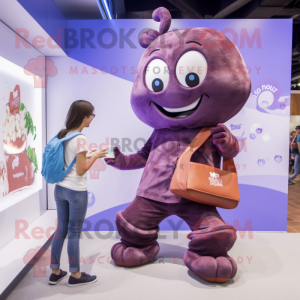 Purple Chocolates mascot costume character dressed with a Boyfriend Jeans and Handbags