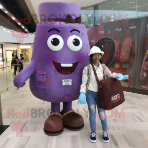 Purple Chocolates mascot costume character dressed with a Boyfriend Jeans and Handbags