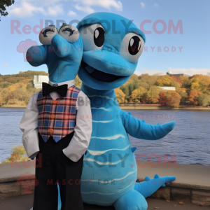 Sky Blue Loch Ness Monster mascot costume character dressed with a Flannel Shirt and Bow ties