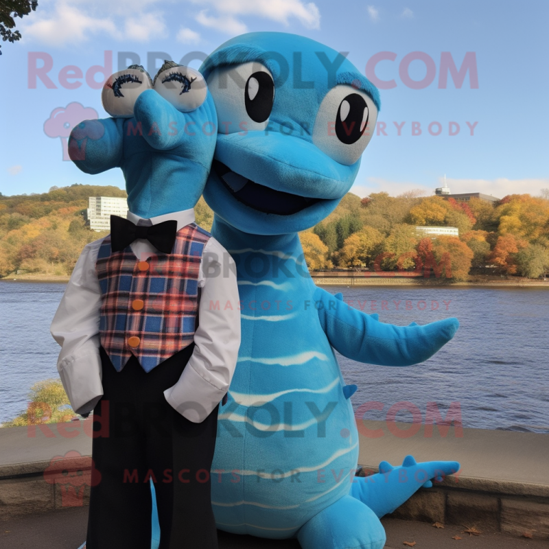 Sky Blue Loch Ness Monster mascot costume character dressed with a ...