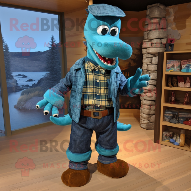 Sky Blue Loch Ness Monster mascot costume character dressed with a ...