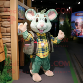 Green Dormouse mascot costume character dressed with a Flannel Shirt and Handbags