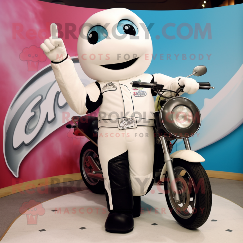 White Ice Cream mascot costume character dressed with a Moto Jacket and Earrings