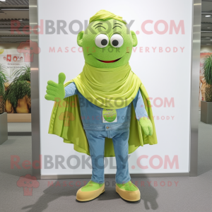 Lime Green Falafel mascot costume character dressed with a Denim Shirt and Shawls