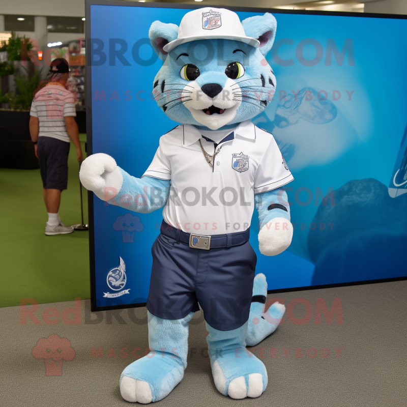 Sky Blue Lynx mascot costume character dressed with a Bermuda Shorts and Hat pins