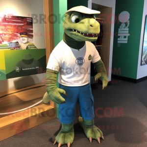 Green Komodo Dragon mascot costume character dressed with a Henley Tee and Ties