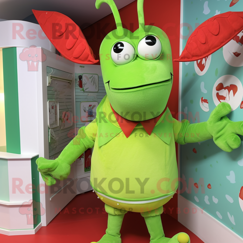 Lime Green Lobster Bisque mascot costume character dressed with a Playsuit and Brooches