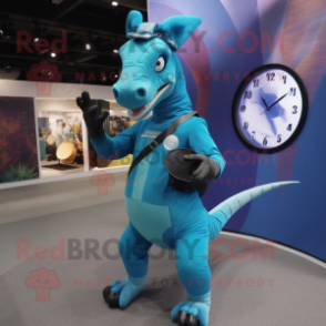 Turquoise Parasaurolophus mascot costume character dressed with a Overalls and Digital watches