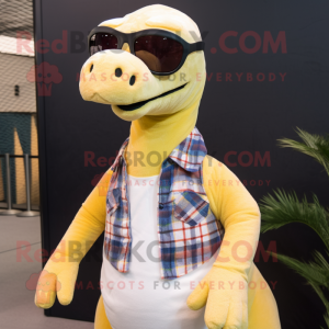 Cream Brachiosaurus mascot costume character dressed with a Flannel Shirt and Sunglasses